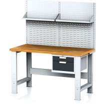 Dielenský stôl MECHANIC s nadstavbou a policou, 1500x700x700-1055 mm, nastaviteľné podnožie, 1x 2 zásuvkový kontejner, sivý/antracit