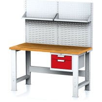 Dielenský stôl MECHANIC s nadstavbou a policou, 1500x700x700-1055 mm, nastaviteľné podnožie, 1x 2 zásuvkový kontejner, sivý/červený