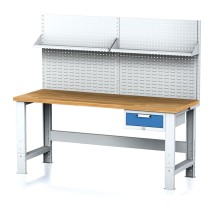 Dielenský stôl MECHANIC s nadstavbou a policou, 2000x700x700-1055 mm, nastaviteľné podnožie, 1x 1 zásuvkový kontejner, sivý/modrý