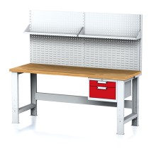 Dielenský stôl MECHANIC s nadstavbou a policou, 2000x700x700-1055 mm, nastaviteľné podnožie, 1x 2 zásuvkový kontejner, sivý/červený