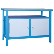 Dílenský pracovní stůl GÜDE Basic, smrk + buková překližka, 2 skříňky, 1190 x 600 x 850 mm, modrá