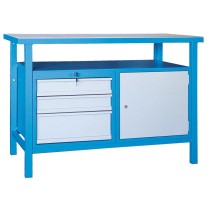 Dílenský pracovní stůl GÜDE Basic, smrk + buková překližka, 3 zásuvky, 1 skříňka, 1190 x 600 x 850 mm, modrá