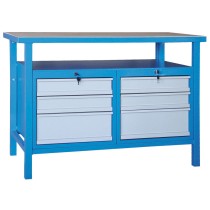 Dílenský pracovní stůl GÜDE Basic, smrk + buková překližka, 6 zásuvek, 6 zásuvek, 1190 x 600 x 850 mm, modrá