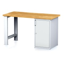 Dílenský pracovní stůl MECHANIC I, pevná noha + dílenská skříňka na nářadí, 1500 x 700 x 880 mm, šedé dveře