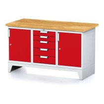 Dílenský stůl MECHANIC I, 2 skříňky a zásuvkový box na nářadí, 5 zásuvek, 1500x700x880 mm, červené dveře