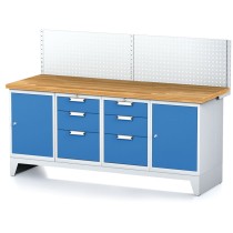 Dílenský stůl MECHANIC I ,perforovaný panel,2 skříňky a 2 zásuvkové boxy na nářadí, 6 zásuvek, 2000x700x880 mm, modré dveře