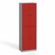 Drevená šatníková skrinka, 4 dvere, cylindrický zámok, sivá, červená