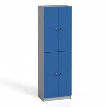 Drevená šatňová skrinka, 4 dvere, cylindrický zámok, sivá / modré