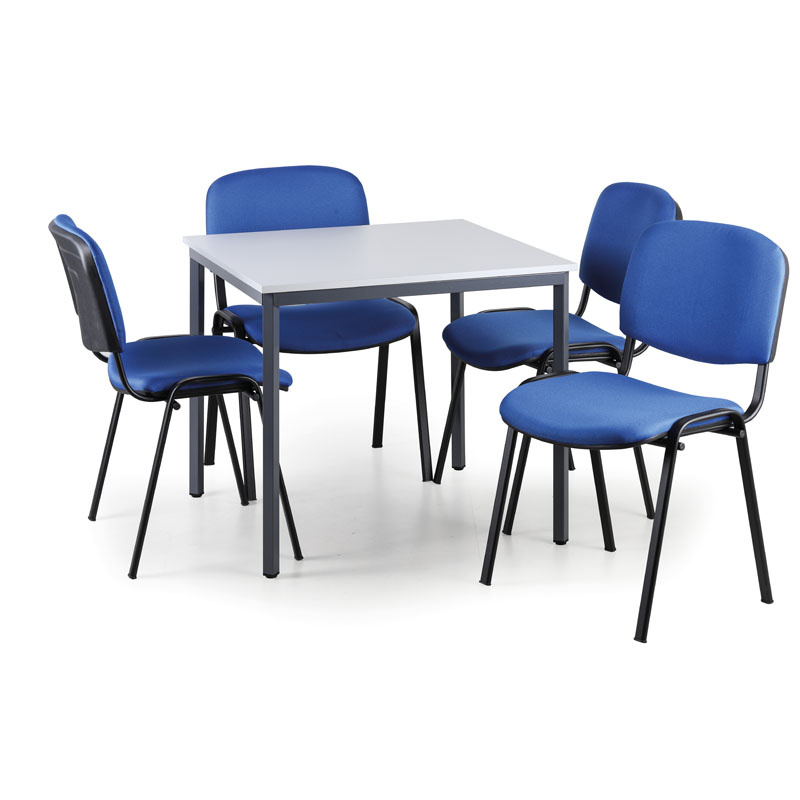 Esstisch, grau 800x800 + 4 Konferenzstühle Viva, blau
