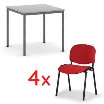 Esstisch, grau 800x800 + 4 Konferenzstühle Viva, rot