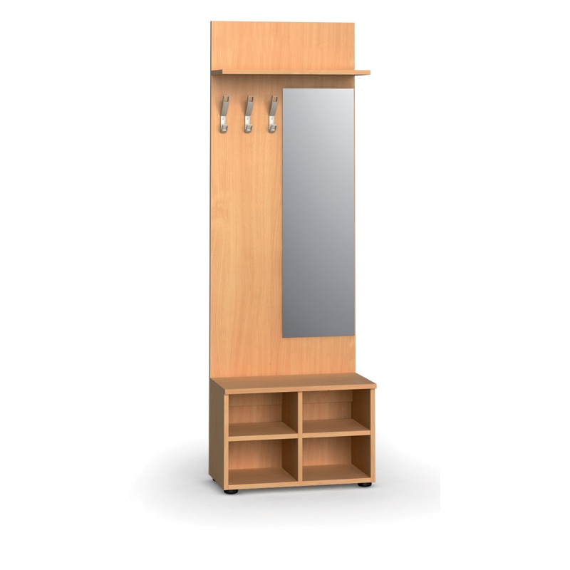 Garderobenwand, Schuhregal + Spiegel PRIMO, 3 Kleiderhaken, Ablage, Buche