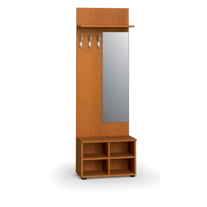 Garderobenwand, Schuhregal + Spiegel PRIMO, 3 Kleiderhaken, Ablage, Kirschbaum