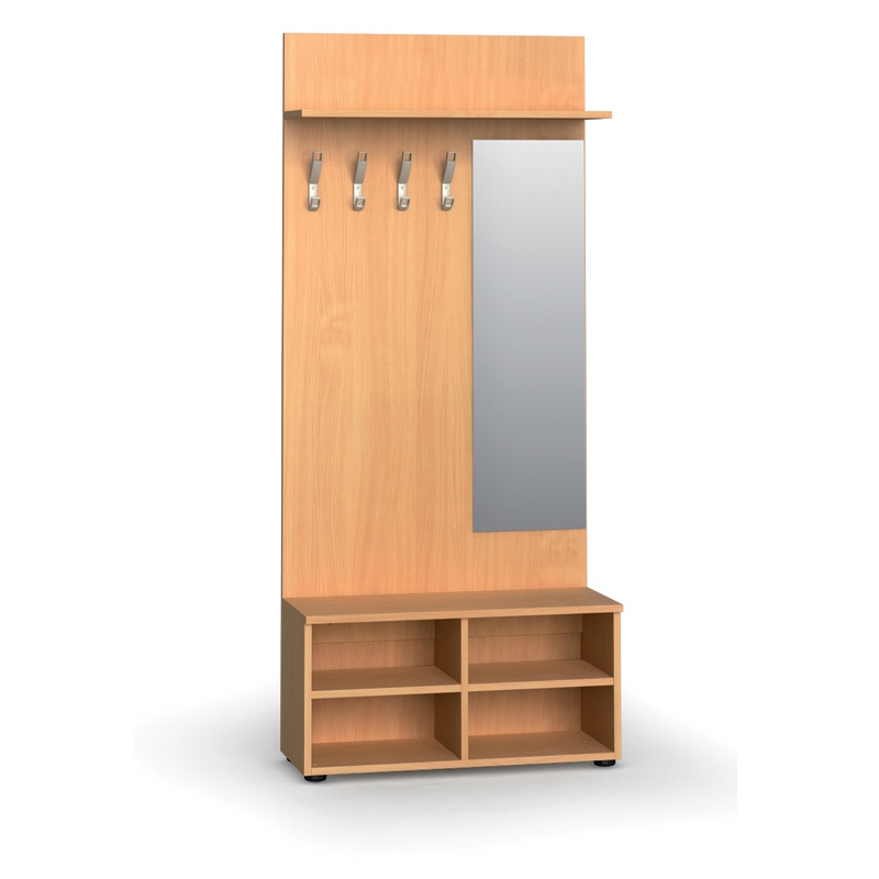 Garderobenwand, Schuhregal + Spiegel PRIMO, 4 Haken, Ablage, Buche