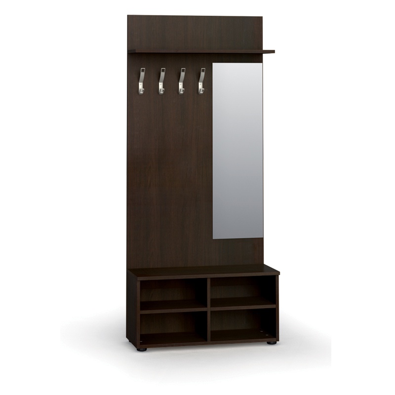 Garderobenwand, Schuhregal + Spiegel PRIMO, 4 Haken, Ablage, Wenge