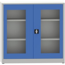 Geschweißter Regalschrank mit Glastür, 1150 x 1200 x 500 mm, grau / blau