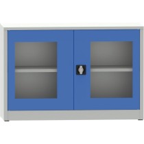 Geschweißter Regalschrank mit Glastür, 800 x 1200 x 400 mm, grau / blau