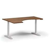 Höhenverstellbarer Schreibtisch, elektrisch, 675-1325 mm, ergonomisch links, Tischplatte 1600x1200 mm, weißes Untergestell, Nussbaum