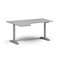 Höhenverstellbarer Schreibtisch OBOL, elektrisch, 675-1325 mm, Ecke links, Tischplatte 1600x1200 mm, graues abgerundetes Untergestell, grau