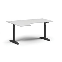 Höhenverstellbarer Schreibtisch OBOL, elektrisch, 675-1325 mm, Ecke links, Tischplatte 1600x1200 mm, schwarzes abgerundetes Untergestell, weiß