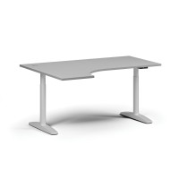 Höhenverstellbarer Schreibtisch OBOL, elektrisch, 675-1325 mm, Ecke links, Tischplatte 1600x1200 mm, weißes abgerundetes Untergestell, grau