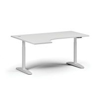 Höhenverstellbarer Schreibtisch OBOL, elektrisch, 675-1325 mm, Ecke links, Tischplatte 1600x1200 mm, weißes abgerundetes Untergestell, weiß