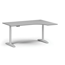 Höhenverstellbarer Schreibtisch OBOL, elektrisch, 675-1325 mm, Ecke rechts, Tischplatte 1600x1200 mm, weißes abgerundetes Untergestell, grau