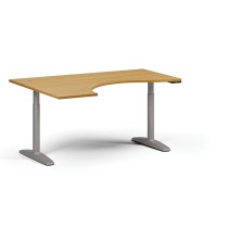 Höhenverstellbarer Schreibtisch OBOL, elektrisch, 675-1325 mm, ergonomisch links, Tischplatte 1600x1200 mm, graues abgerundetes Untergestell, Buche