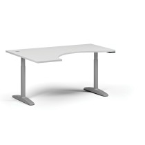 Höhenverstellbarer Schreibtisch OBOL, elektrisch, 675-1325 mm, ergonomisch links, Tischplatte 1600x1200 mm, graues abgerundetes Untergestell, weiß