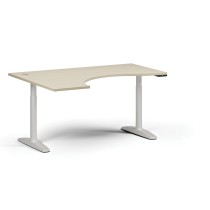 Höhenverstellbarer Schreibtisch OBOL, elektrisch, 675-1325 mm, ergonomisch links, Tischplatte 1600x1200 mm, weißes abgerundetes Untergestell, Birke
