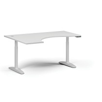 Höhenverstellbarer Schreibtisch OBOL, elektrisch, 675-1325 mm, ergonomisch links, Tischplatte 1600x1200 mm, weißes abgerundetes Untergestell, weiß