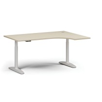 Höhenverstellbarer Schreibtisch OBOL, elektrisch, 675-1325 mm, rechte Ecke, Tischplatte 1600x1200 mm, weißes abgerundetes Untergestell, Birke