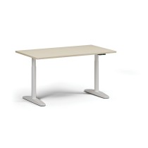 Höhenverstellbarer Schreibtisch OBOL, elektrisch, 675-1325 mm, Tischplatte 1400x800 mm, weißes abgerundetes Untergestell, Birke