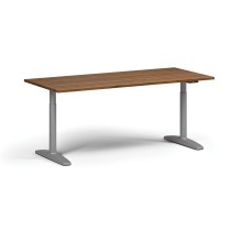 Höhenverstellbarer Schreibtisch OBOL, elektrisch, 675-1325 mm, Tischplatte 1480x800 mm, graues abgerundetes Untergestell, Nussbaum