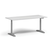 Höhenverstellbarer Schreibtisch OBOL, elektrisch, 675-1325 mm, Tischplatte 1480x800 mm, graues abgerundetes Untergestell, weiß