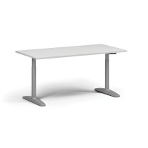 Höhenverstellbarer Schreibtisch OBOL, elektrisch, 675-1325 mm, Tischplatte 1600x800 mm, graues abgerundetes Untergestell, weiß