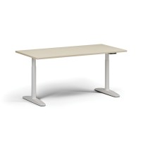 Höhenverstellbarer Schreibtisch OBOL, elektrisch, 675-1325 mm, Tischplatte 1600x800 mm, weißes abgerundetes Untergestell, Birke