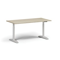 Höhenverstellbarer Schreibtisch OBOL, elektrisch, 675-1325 mm, Tischplatte 1600x800 mm, weißes abgerundetes Untergestell, Eiche natur