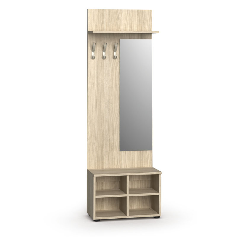 Holzwand mit Haken, Schuhregal + Spiegel PRIMO, 3 Kleiderhaken, Regal, Eiche natur