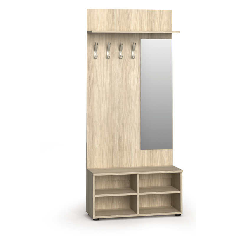 Holzwand mit Haken, Schuhregal + Spiegel PRIMO, 4 Haken, Regal, Eiche natur