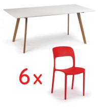 Jedálenský stôl 180x90 + 6x plastová stolička REFRESCO červená