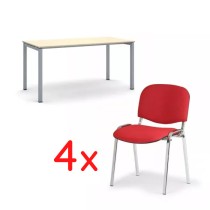 Jednací stůl Square 160x80, bříza + 4x židle Viva červená