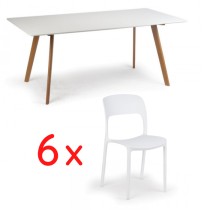 Jídelní stůl 180x90 + 6x  plastová židle REFRESCO bílá