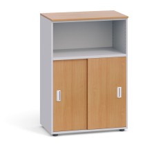 Kancelárska skriňa kombinovaná PRIMO, zasúvacie dvere, 1087 x 800 x 420 mm, sivá / buk