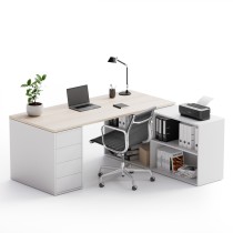 Kancelářský psací stůl s úložným prostorem BLOCK B04, bílá/dub přírodní
