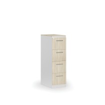 Kartoteka metalowa PRIMO z drewnianym frontem A4, 4 szuflady, biały/dąb naturalny