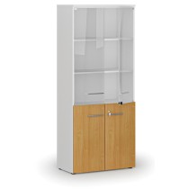 Kombinovaná kancelářská skříň PRIMO WHITE s dřevěnými a skleněnými dveřmi, 1781 x 800 x 420 mm, bílá/buk