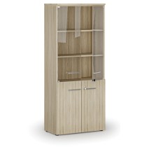 Kombinovaná kancelářská skříň PRIMO WOOD s dřevěnými a skleněnými dveřmi, 1781 x 800 x 420 mm, dub přírodní