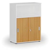 Kombinovaná kancelářská skříň se zásuvnými dveřmi PRIMO WHITE, 1087 x 800 x 420 mm, bílá/buk