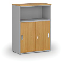 Kombinovaná kancelárska skriňa so zásuvnými dverami PRIMO GRAY, 1087 x 800 x 420 mm, sivá/buk