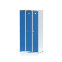 Kovová šatní skříňka 3-dílná, modré dveře, cylindrický zámek